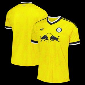 Leeds United 2026/27 away shirt in yellow with navy blue and white trim, featuring the Yorkshire Rose club crest, adidas branding and Red Bull sponsor logo.